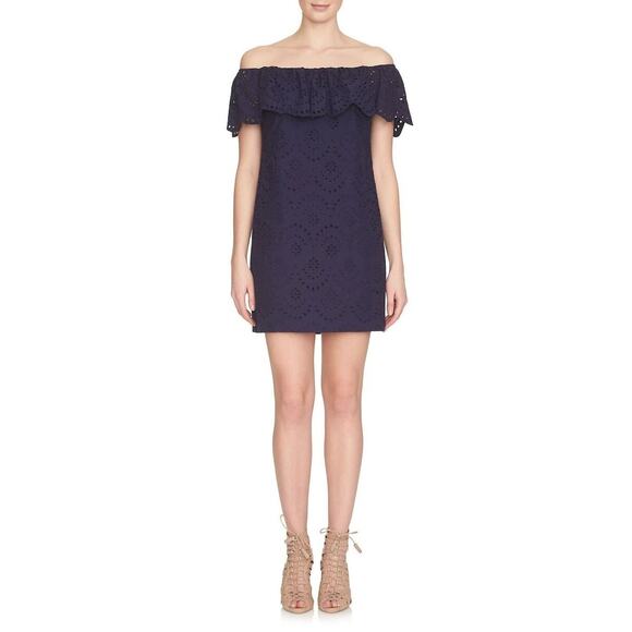 Cynthia Steffe Navy Eyelet Off Shoulder Dress Size 6 - Picture 1 of 6